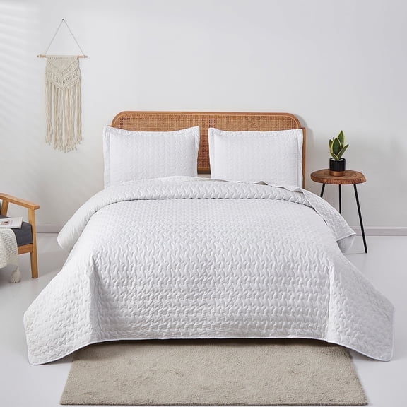 Jessy Home Quilt Set Twin White Solid Quilt Floral Microfiber Bedspread Coverlet