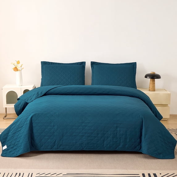 Jessy Home Quilted Quilt Set King Solid Navy Quilt Floral Microfiber Bedspread Coverlet