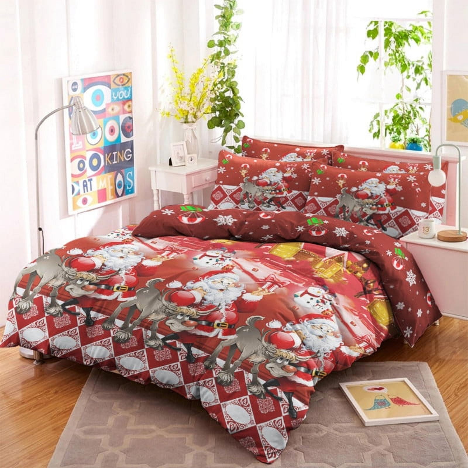 Jessy Home Red Quilt Queen Size Christmas Bedding Microfiber Santa Claus Bedspread Coverlet