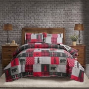 Jessy Home Rustic Bear Quilt Queen Red Black Plaid Bedspread Microfiber Coverlet Set