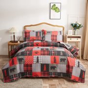 Jessy Home Rustic Bear Quilt Queen Red Black Plaid Bedspread Microfiber Coverlet Set