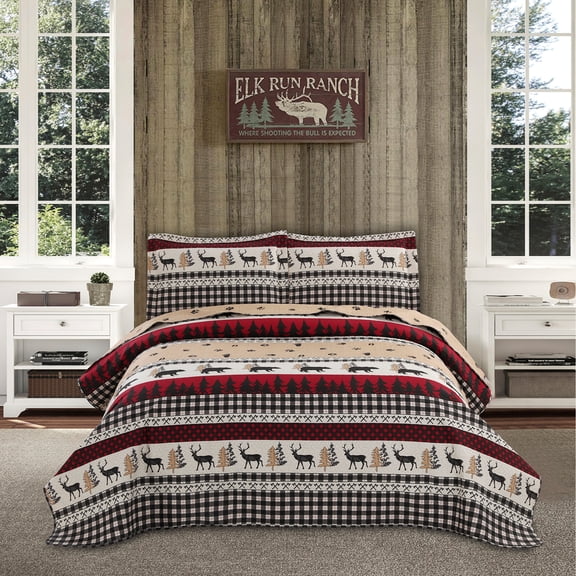 Jessy Home Rustic Bear Quilt Set King Black White Plaid Bedspread Microfiber Bedding
