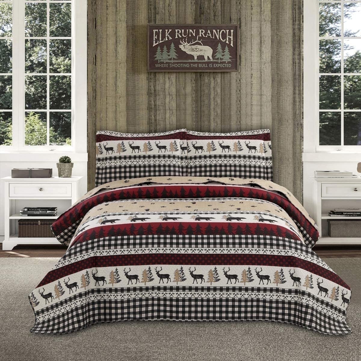Jessy Home Rustic Bear Quilt Set Twin Black White Plaid Bedspread Microfiber Bedding