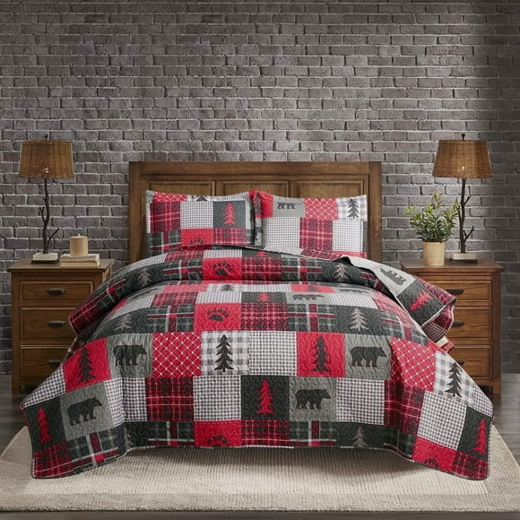 Jessy Home Rustic Bear Quilt Twin Size Red Black Plaid Bedspread Microfiber Coverlet Set