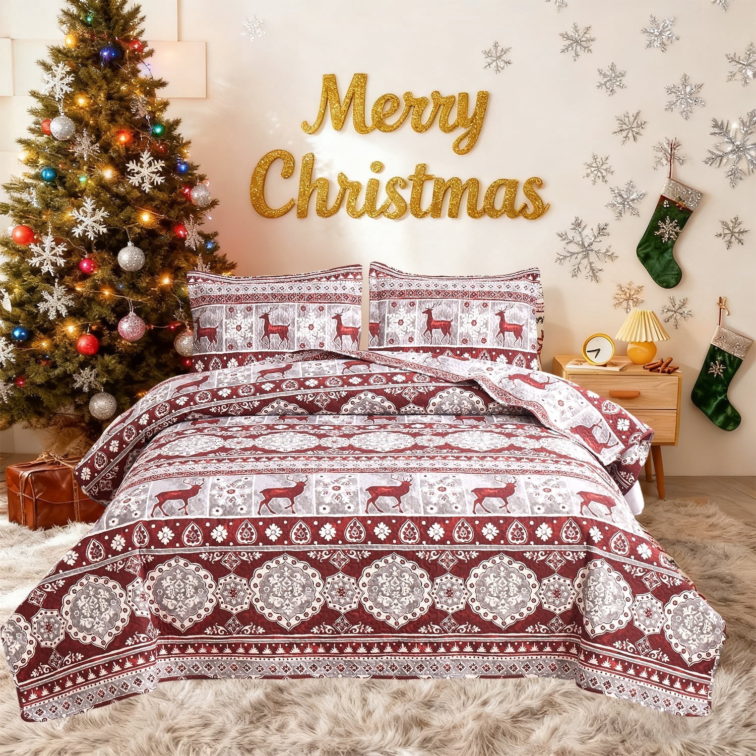 Jessy Home Christmas Quilt Set Queen/Full Size Rustic Holiday Bedding Set Red Moose Cabin Lodge Quilt Lightweight Soft Microfiber Xmas Bedspread Coverlet Christmas Gift with 2 Pillowcases
