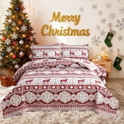 Jessy Home Christmas Quilt Set Queen/Full Size Rustic Holiday Bedding Set Red Moose Cabin Lodge Quilt Lightweight Soft Microfiber Xmas Bedspread Coverlet Christmas Gift with 2 Pillowcases
