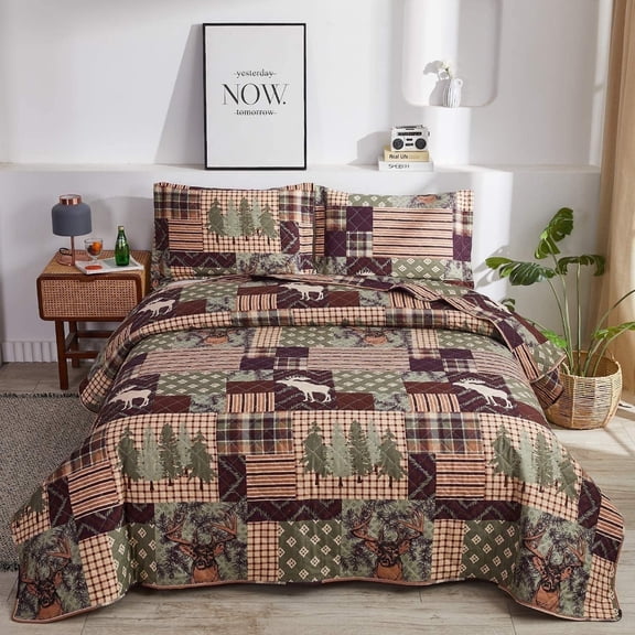 Jessy Home Rustic Lodge Bedding Twin Moose Quilt Plaid Patchwork Bear Poly Fill Quilt Bedspread Coverlet