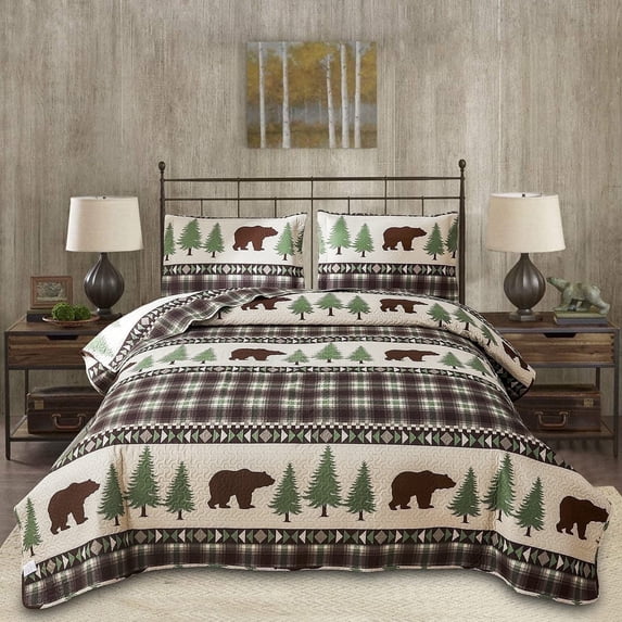 Jessy Home Rustic Quilts King Size Green Plaid Bear Bedspread Microfiber Coverlet Set