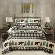 Jessy Home Rustic Quilts King Size Green Plaid Bear Bedspread Microfiber Coverlet Set