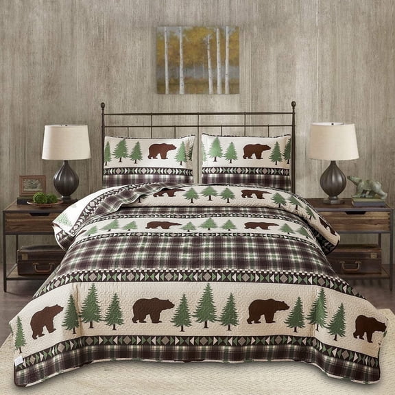 Jessy Home Rustic Quilts Queen/Full Green Plaid Bear Bedspread Microfiber Coverlet Set