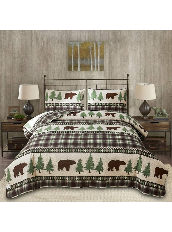 Jessy Home Rustic Quilts Queen/Full Green Plaid Bear Bedspread Microfiber Coverlet Set