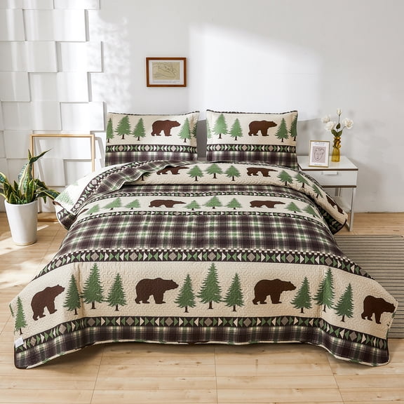 Jessy Home Rustic Quilts Queen/Full Green Plaid Bear Bedspread Microfiber Coverlet Set