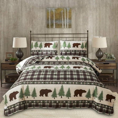 Jessy Home Rustic Quilts Queen/Full Green Plaid Bear Bedspread Microfiber Coverlet Set