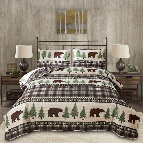 Jessy Home Rustic Quilts Queen/Full Green Plaid Bear Bedspread Microfiber Coverlet Set