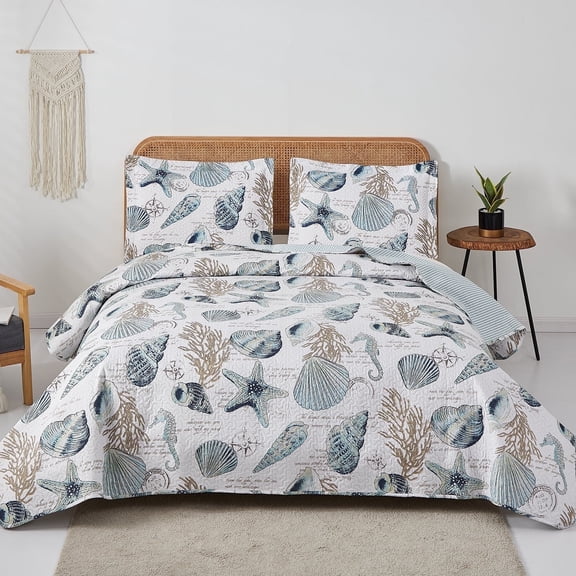 Jessy Home Shell Quilt Queen/Full Size Coastal Beach Bedspreads Microfiber Bedding Set