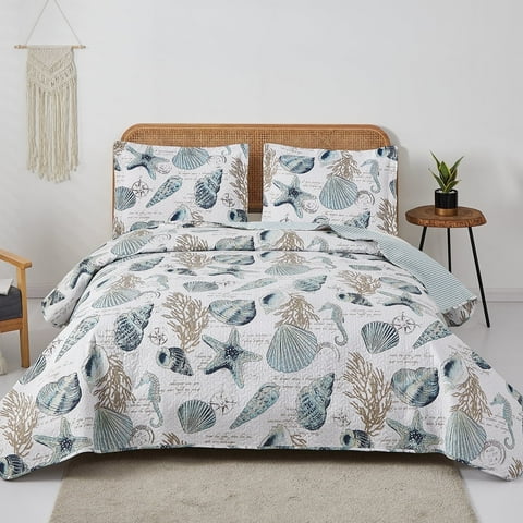 Jessy Home Shell Quilt Twin Coastal Beach Bedspreads Lightweight Microfiber Bedding Set