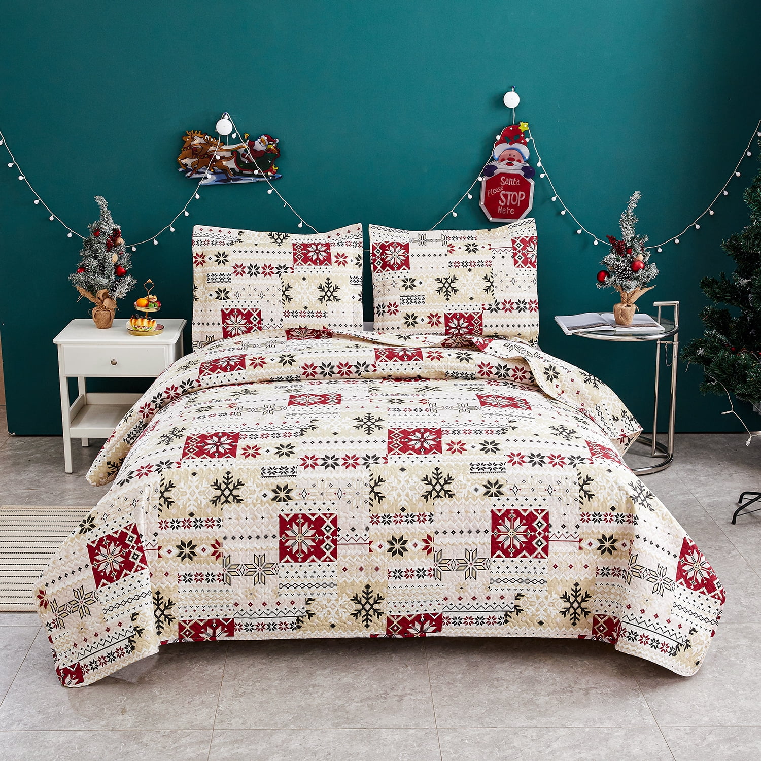 Jessy Home Snowflake Christmas Quilt King Size Beige Bedding Microfiber Bedspread Coverlet Set