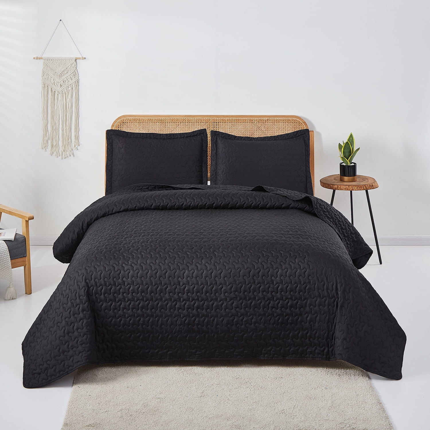 Jessy Home Solid Black Quilted Quilt Set Queen/Full Floral Microfiber ...