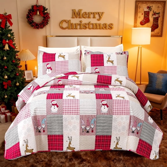 Jessy Home Christmas Quilt Set Queen/Full Size Rustic Holiday Bedding Set Elf Snowman Cabin Lodge Quilt Lightweight Soft Microfiber Xmas Bedspread Coverlet Christmas Gift with 2 Pillowcases