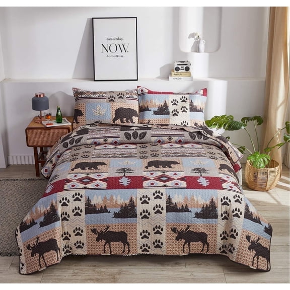 Jessy Home Twin Deer Bear Quilt Rustic Lodge Bedding Microfiber 3-Piece Coverlet Set