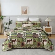 Jessy Home Twin Rustic Quilt Sets Moose Bear Bedding Green Polyester Bedspread Coverlet