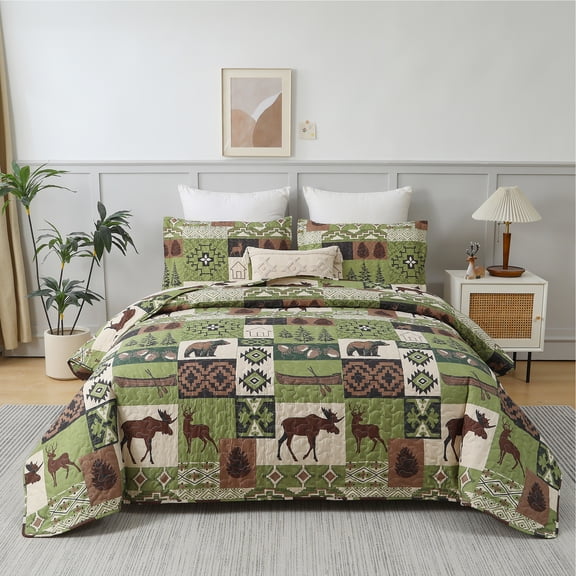 Jessy Home Twin Rustic Quilt Sets Moose Bear Bedding Green Polyester Bedspread Coverlet