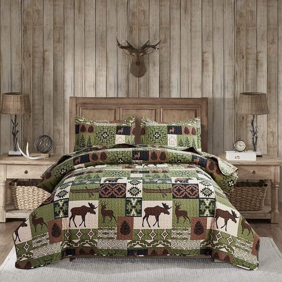 Jessy Home Twin Rustic Quilt Sets Moose Bear Bedding Green Polyester Bedspread Coverlet