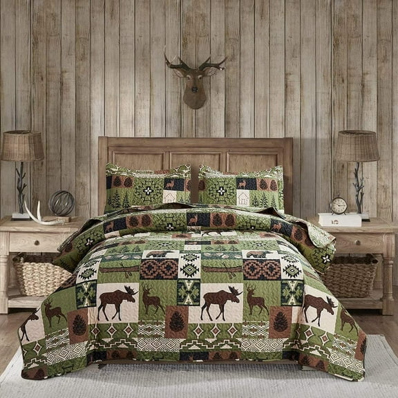 Jessy Home Twin Rustic Quilt Sets Moose Bear Bedding Green Polyester Bedspread Coverlet