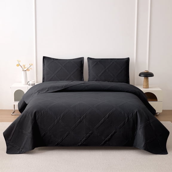 Jessy Home Twin Size Quilts Black Lightweight Geometric Microfiber Bedspread Coverlet Set