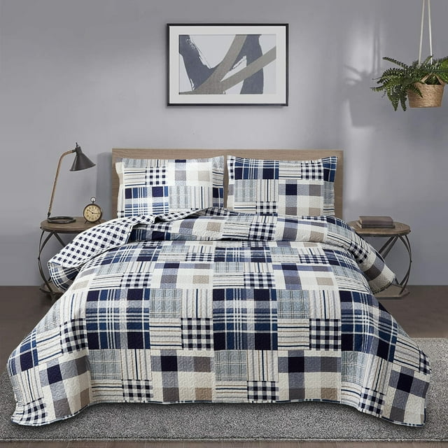Jessy Home Twin Size Plaid Bedspread Coverlet Buffalo Plaid Patchwork Quilt Navy Blue Bedding
