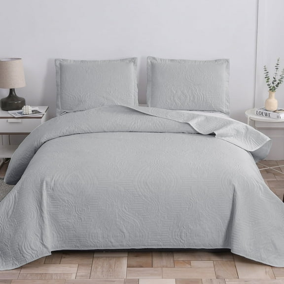 Jessy Home Twin Size Quilts Gray Lightweight Microfiber Floral Bedspread Coverlet Set