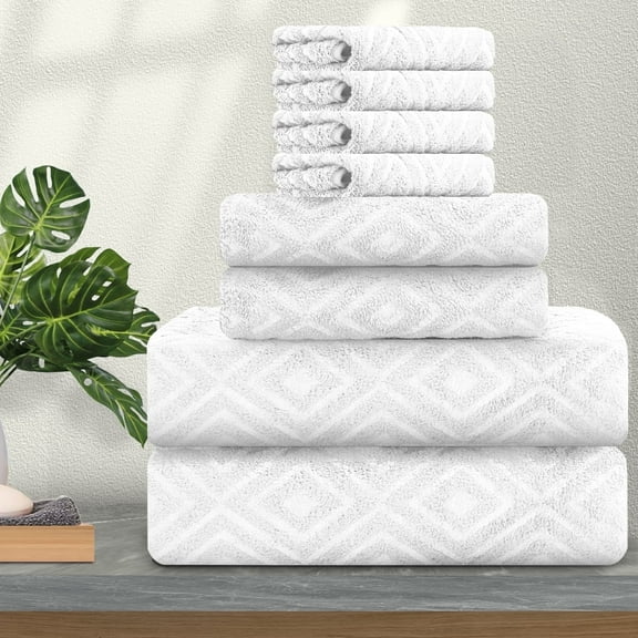 Jessy Home White Bath Towel set of 8, 2 Oversized Bath Towels, 2 Hand Towels, 4 Washcloths-600 GSM Soft Towel Set