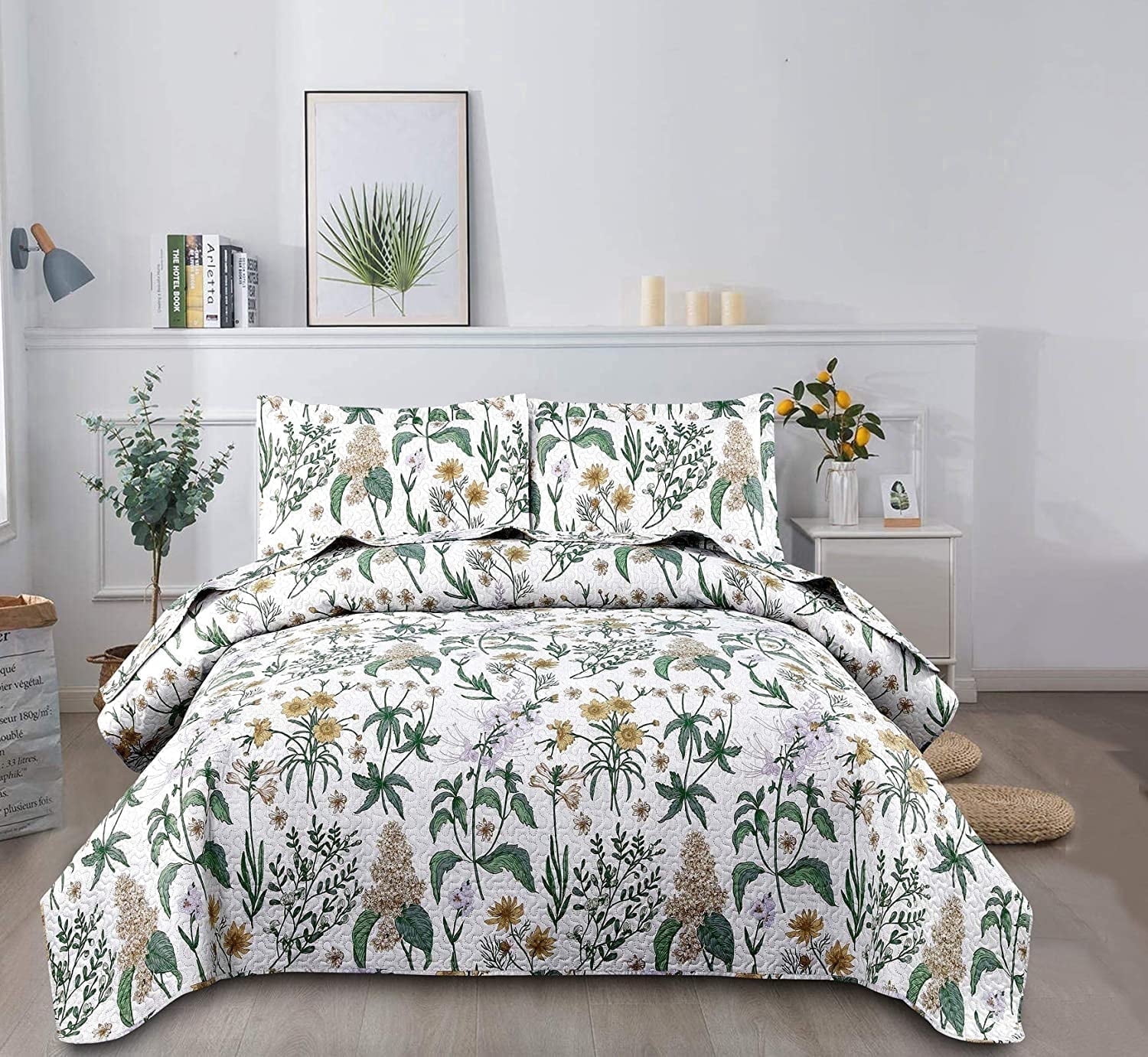 Jessy Home Yellow Floral Bedding Set Lilac Quilt Twin Bedspread Coverlet Green Flower Bed Cover
