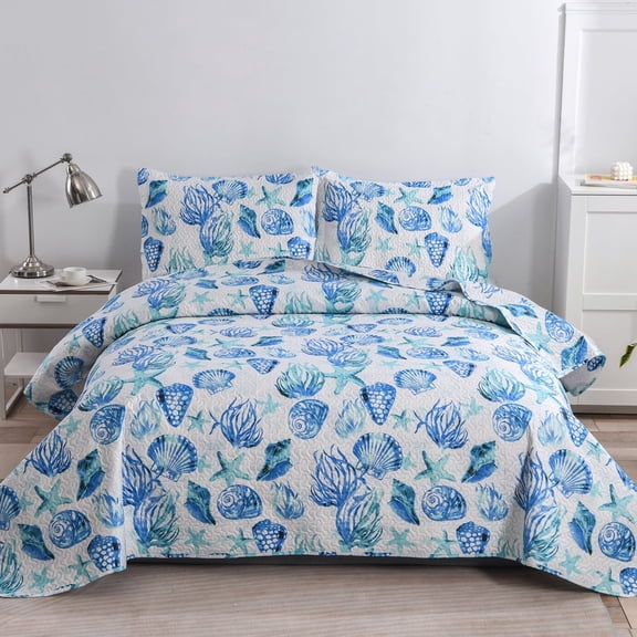 Jessyhome King Size Beach Quilt Set Green Seaweed Blue Starfish Ocean Life Lightweight Reversible Coverlet Set