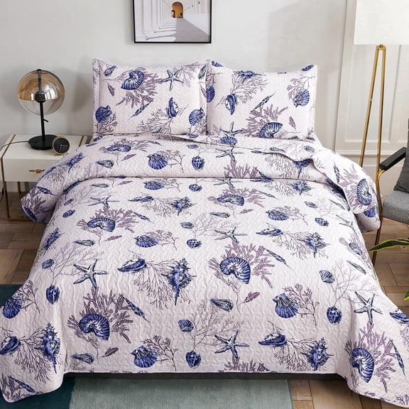 Jessyhome Queen/ Full Size 3-Piece Quilt Set Purple Ocean Lightweight Reversible Bedspread Set