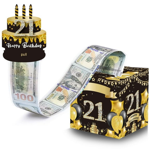 JESTAR Birthday Money Gift Box with DIY Stickers for 21th Birthday, Surprise Money Boxes for Cash Gift with Pull Out Happy Birthday Day Card and 50Pcs Transparent Bags