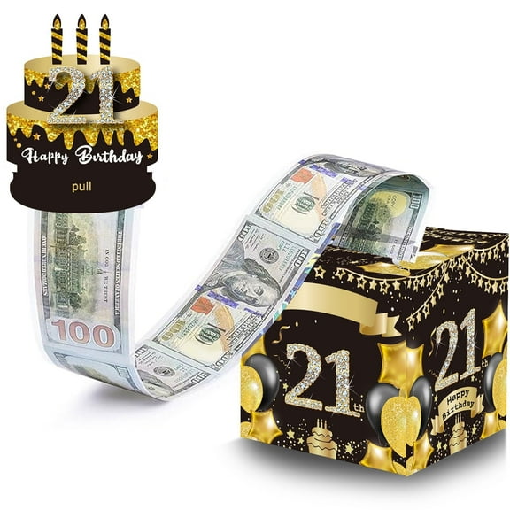 JESTAR Birthday Money Gift Box with DIY Stickers for 21th Birthday, Surprise Money Boxes for Cash Gift with Pull Out Happy Birthday Day Card and 50Pcs Transparent Bags