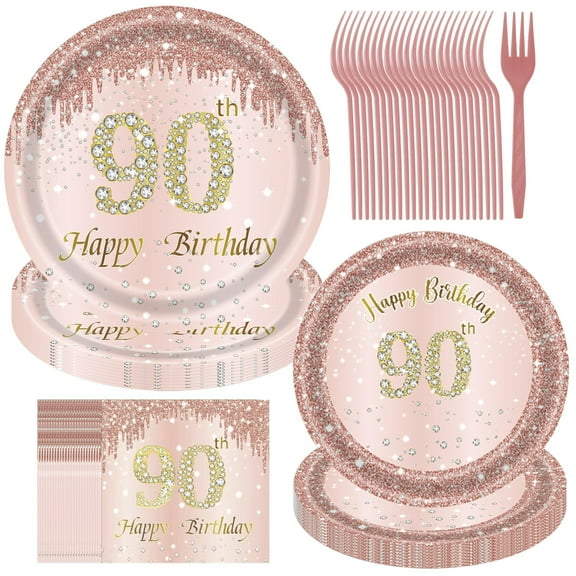 Jestar 90th Birthday Party Supplies Plates and Napkins Sets, Pink, Serves 24 (96 Pieces)