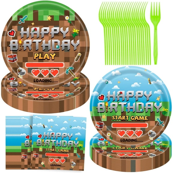 Jestar 96 Pcs Pixel Miner Crafting Party Supplies Plates Forks Napkins for 24 Guests, Video Game Theme Birthday Party Decoration