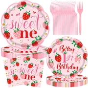 Jestar Strawberry Theme Birthday Party Decorations Set, Disposable Tableware for 24 Guests 96 Pieces