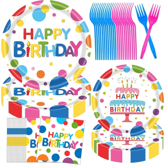 Jestar 96Pcs Birthday Party Supplies, Colorful Dots, Candle & Birthday Cake Paper Plates Napkins Set for Children, Baby Shower