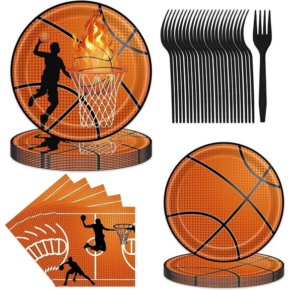 Jestar 96 Pieces Basketball Theme Party Supplies with Plates, Napkins, Forks for Basketball Birthday Decorations, Serves 24