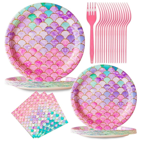 Jestar Mermaid Party Supplies Set, 96 Pieces - Plates and Napkins for Birthday, Ocean Theme, Pink