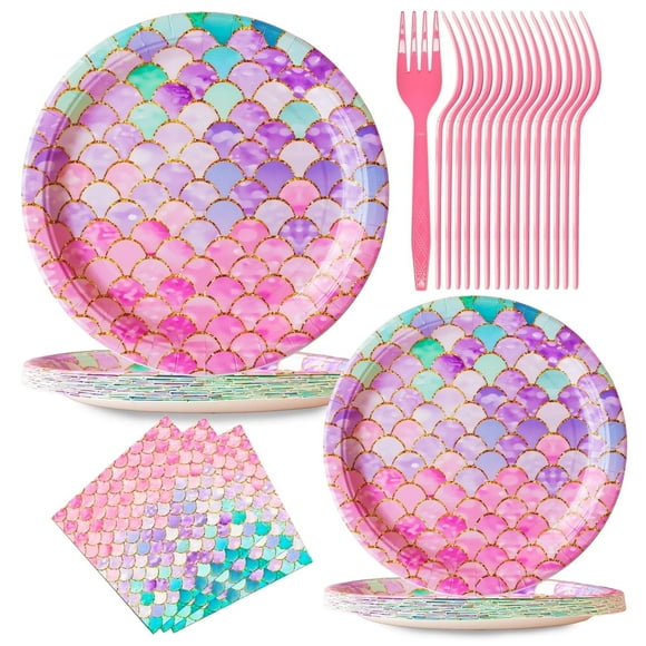 Jestar 96 Pieces Mermaid Party Supplies Plates and Napkins for Birthday Ocean Princess Girls Baby Shower Holiday, Pink