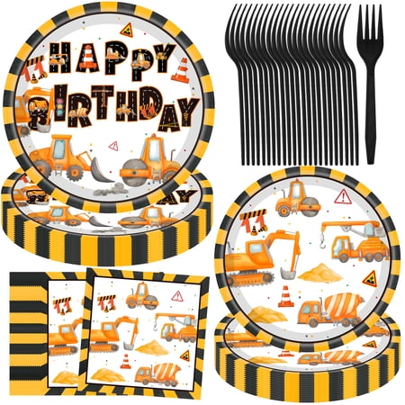 Jestar 96Pcs Construction Birthday Party Supplies Construction Theme Paper Plates and Napkins for Boys Kids Tractor Dump Digger Vehicle Themed Party Favors, Serve 24
