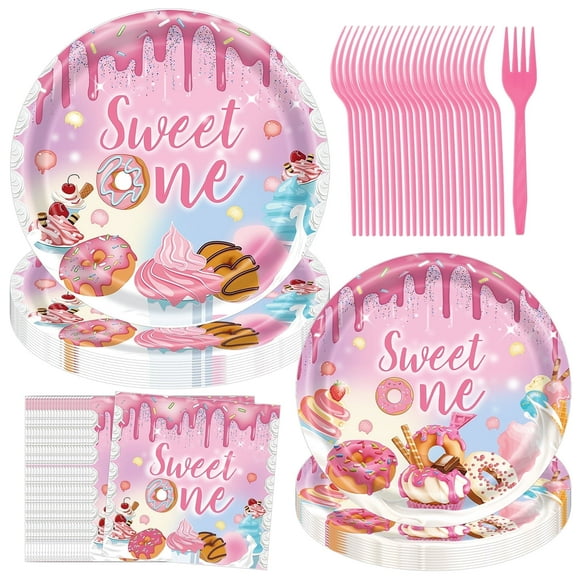 Jestar 96Pcs Donut Sweet One Birthday Party Decorations Tableware for 1st Birthday, Donut Theme Supplies Plates and Napkin, Forks, Serve 24