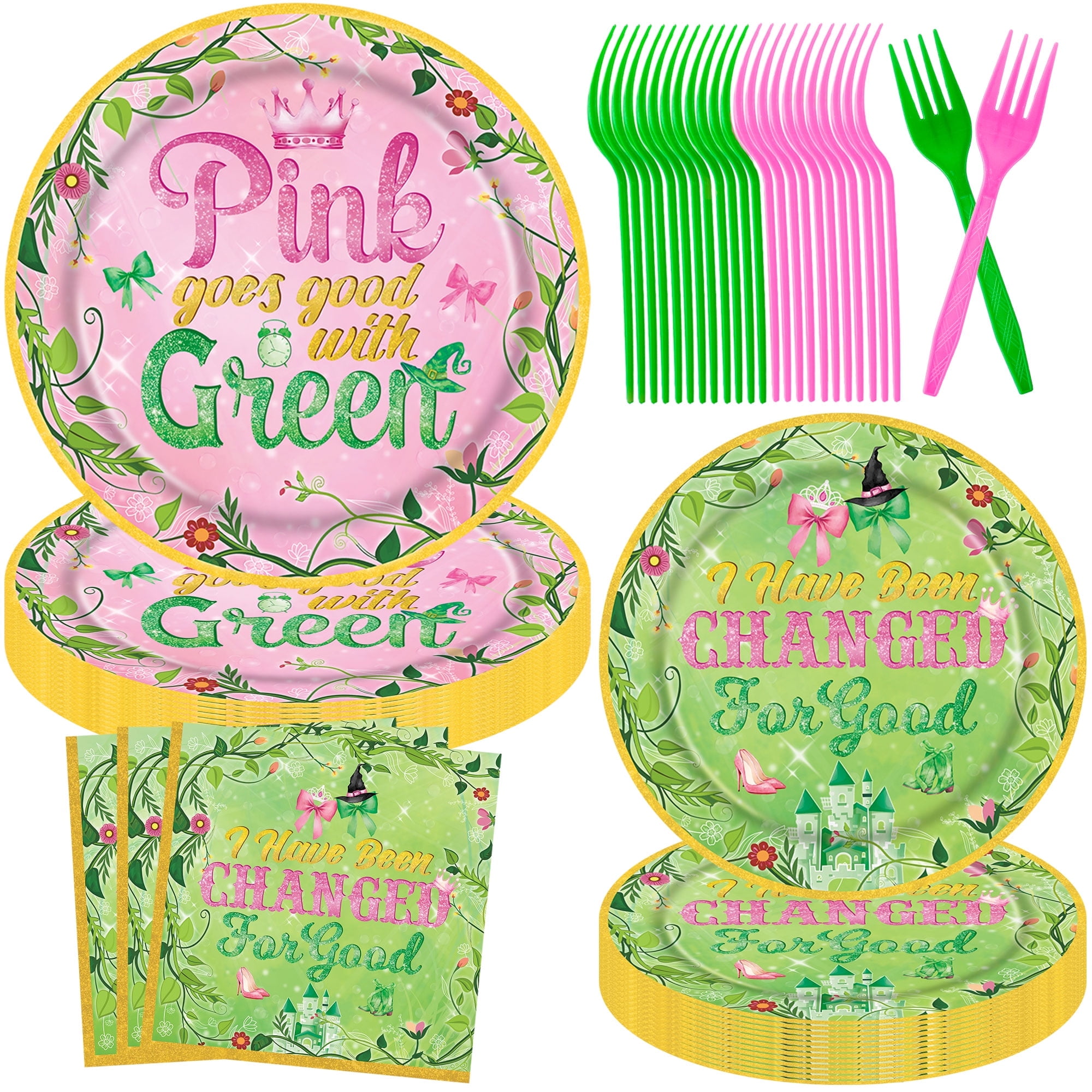 96Pcs Wicked Party Supplies Pink & Green Birthday Party Decorations, Magic Castle Witch & Princess Party Tableware Set Plates and Napkins, Forks for 24 Guests