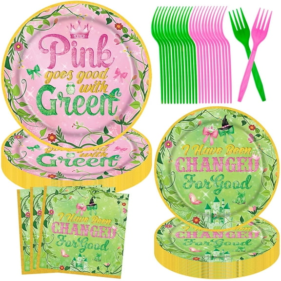 96Pcs Wicked Party Supplies Pink & Green Birthday Party Decorations, Magic Castle Witch & Princess Party Tableware Set Plates and Napkins, Forks for 24 Guests