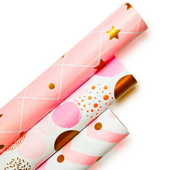 Jestar Pink & White Wrapping Paper, Star Polka Dot Birthday Gift Wrapping Paper, 3 Rolls - Each Roll 17 x 120 Inch