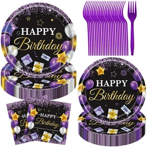 Jestar Purple & Black Birthday Tableware Set - 96pc Disposable Plates, Napkins, Forks for 24 Guests